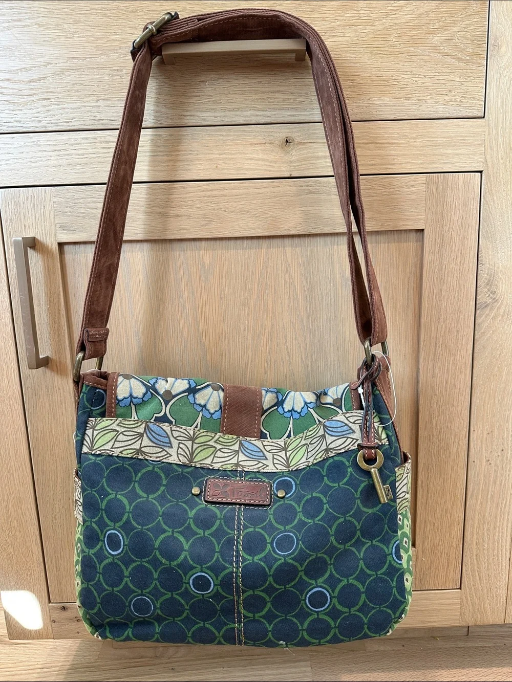 Fossil Green Floral Canvas Crossbody with Brown Trim